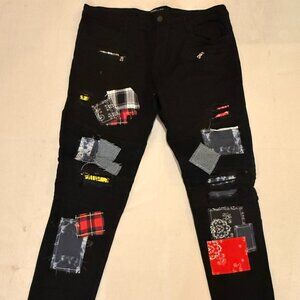 Embellish Patchwork Black Skinny Jeans • Size 44 • Distressed Detail - Big Tall